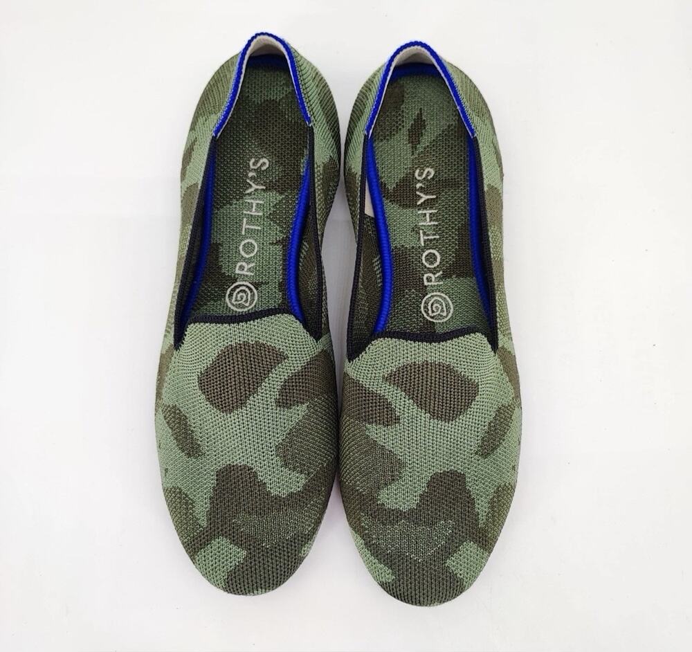Rothys 9 The Loafer Olive Green Camo Washable Knit Flats Recycled EU 39.5